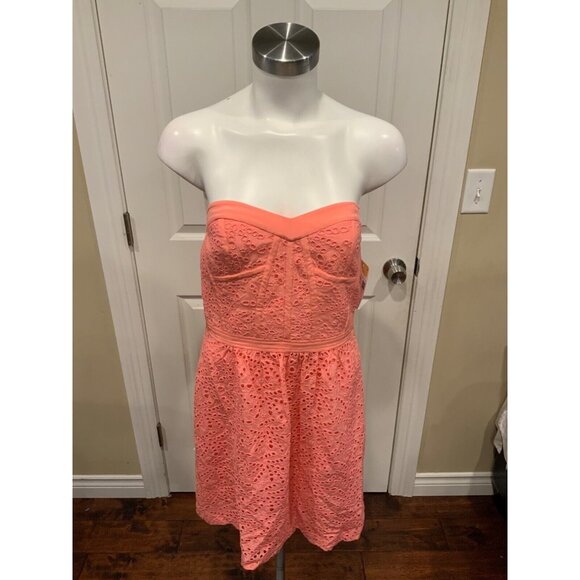 Rebecca Taylor Coral Pink Eyelet, 100% Silk Strapless Dress, Size 8 - Picture 1 of 8